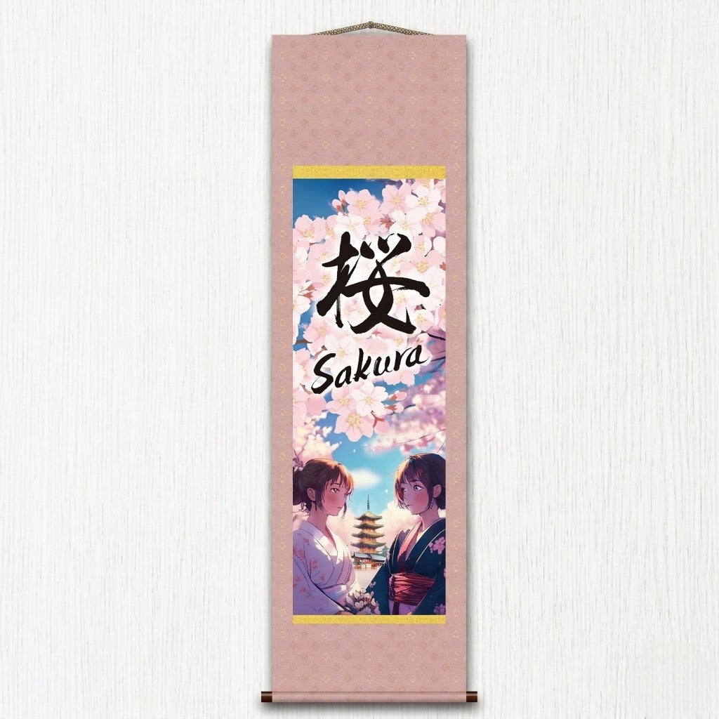 Anime japonais Sakura Kakemono Wall Scroll – Femmes en kimono avec pagode