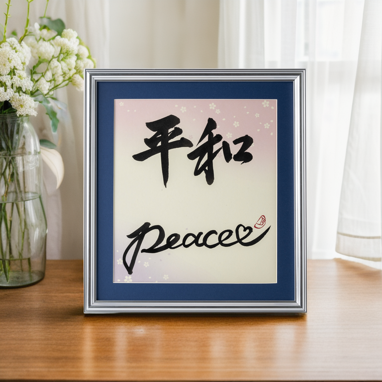 Heiwa "Peace" in Japanese - Silver Frame with Blue Mat (Free Shipping)