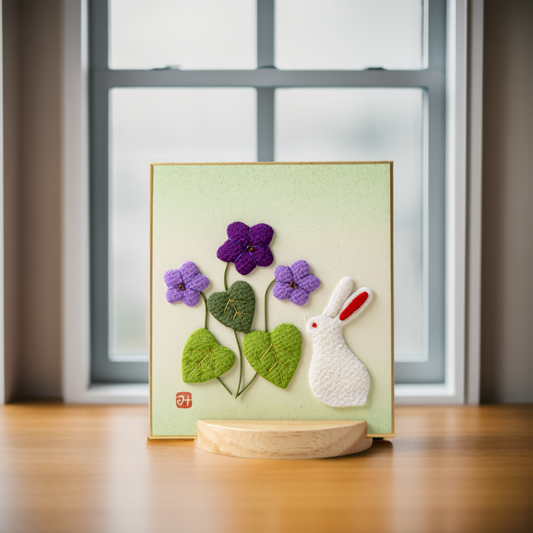 Violet and Rabbit - Raised Cloth Artwork, Includes a Wooden Stand