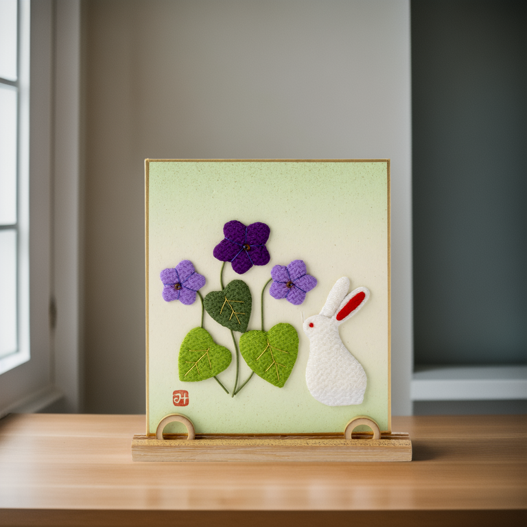 Violet and Rabbit - Raised Cloth Artwork, Includes a Bamboo Stand