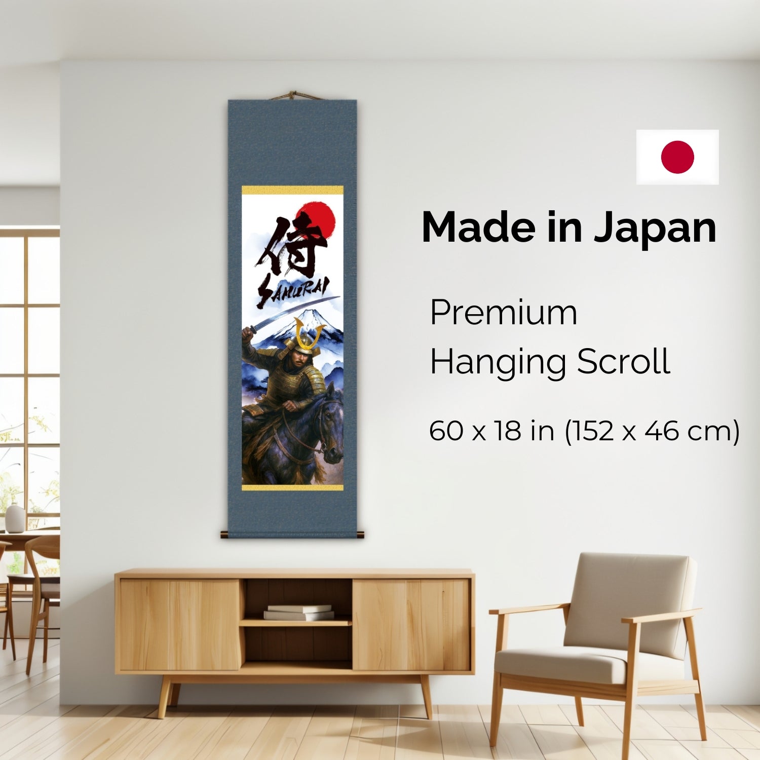 Japanese Samurai Kakemono Wall Scroll – Mounted Samurai with Sword and Mount Fuji
