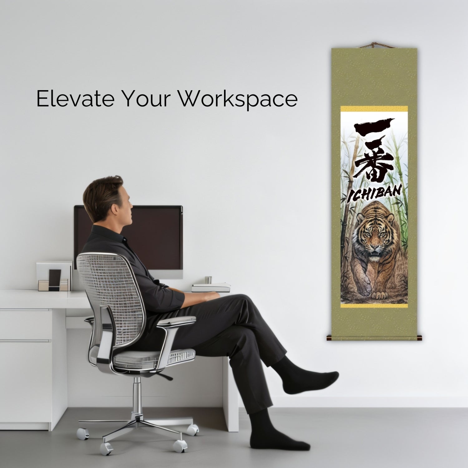 Ichiban Tigre japonais Kakemono Tenture murale – Tigre marchant dans le bambou 