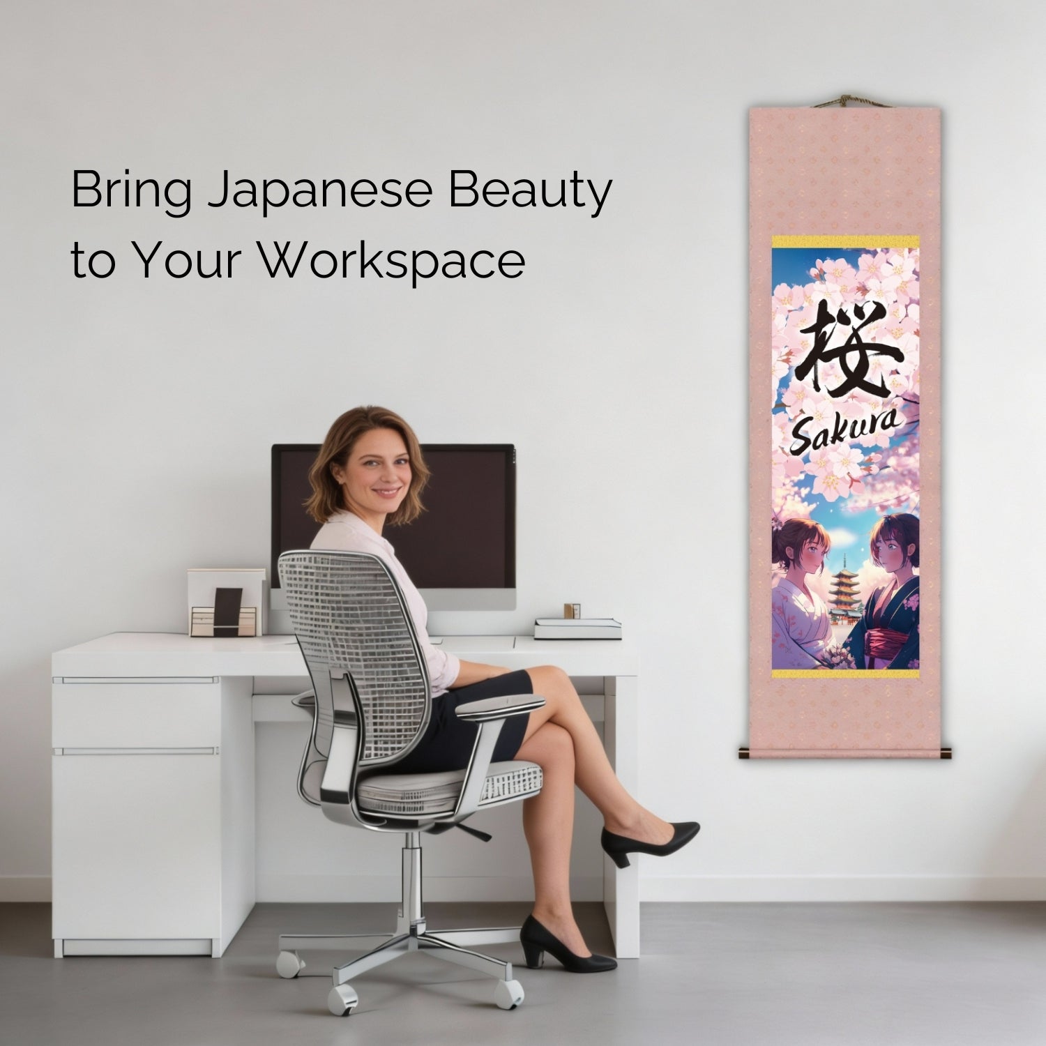 Japanese Anime Sakura Kakemono Wall Scroll – Kimono Women with Pagoda
