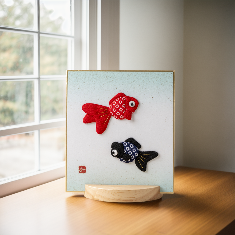 Friendly Goldfish - Raised Cloth Artwork, Includes a Wooden Stand