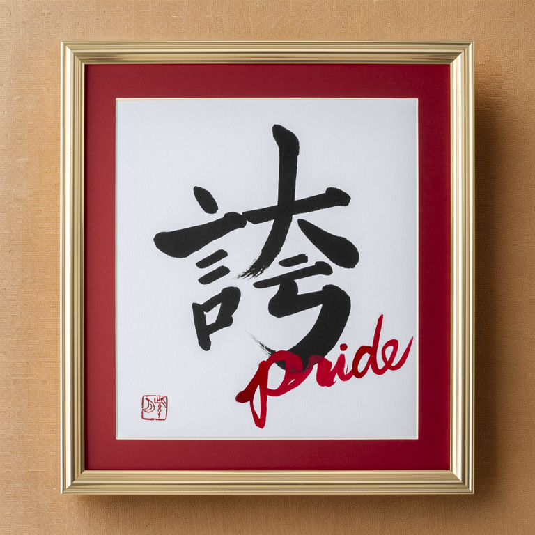 Hokori "Pride" en japonais - cadre en or avec tapis rouge (livraison gratuite)