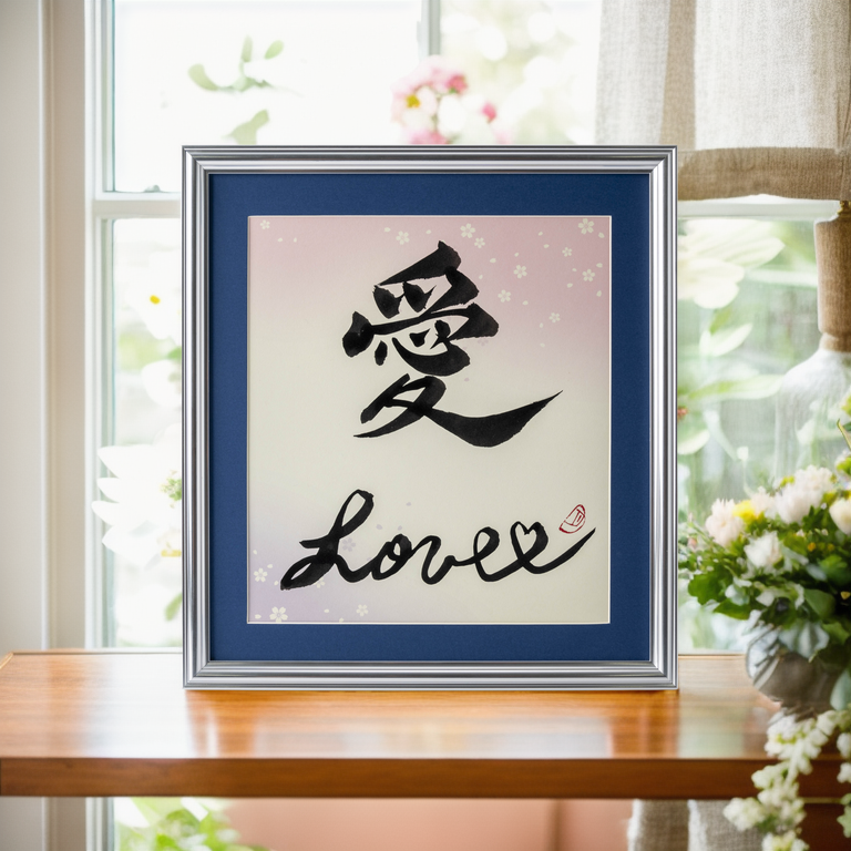 Ai "Love" in Japanese - Silver Frame with Blue Mat (Free Shipping)