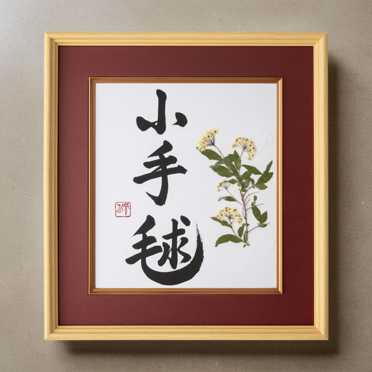 Fleur pressée Kodemari "Reeves Spirea" en japonais - Cadre en bois avec tapis rouge. Calligraphie japonaise fabriquée à la main Shodo. (Livraison gratuite) - Conception 1