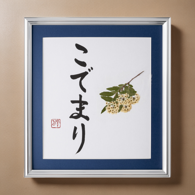 Pressed Flower Kodemari "Reeves Spirea" in Japanese - Silver Frame with Blue Mat, Design 3 (Free Shipping)