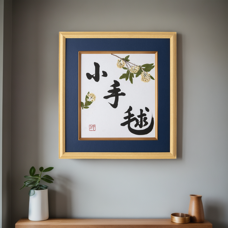 Pressed Flower Kodemari "Reeves Spirea" in Japanese - Wooden Frame with Blue Mat, Design 2 (Free Shipping)