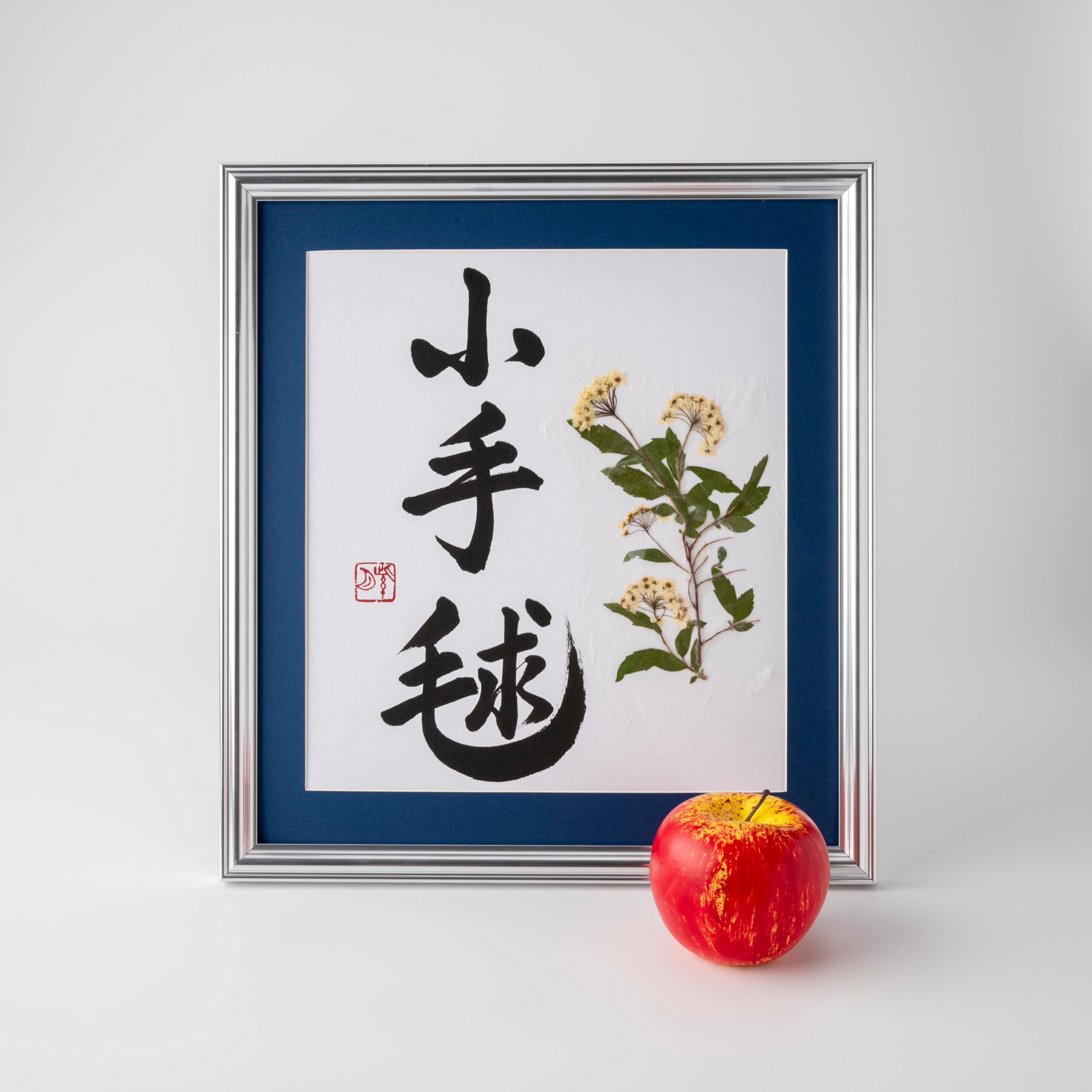 Pressed Flower Kodemari "Reeves Spirea" in Japanese - Silver Frame with Blue Mat, Design 1 (Free Shipping)