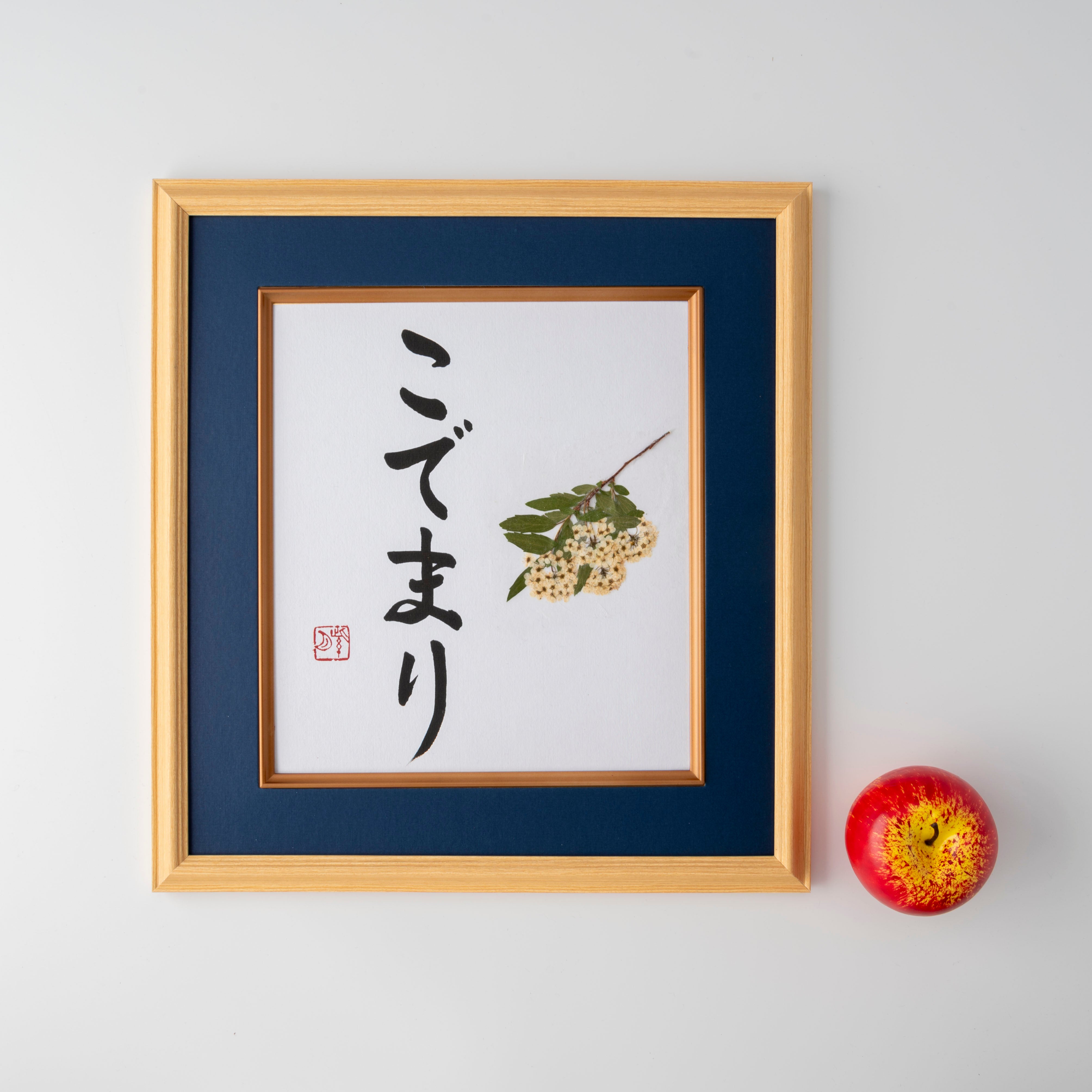 Pressed Flower Kodemari "Reeves Spirea" in Japanese - Wooden Frame with Blue Mat, Design 3 (Free Shipping)