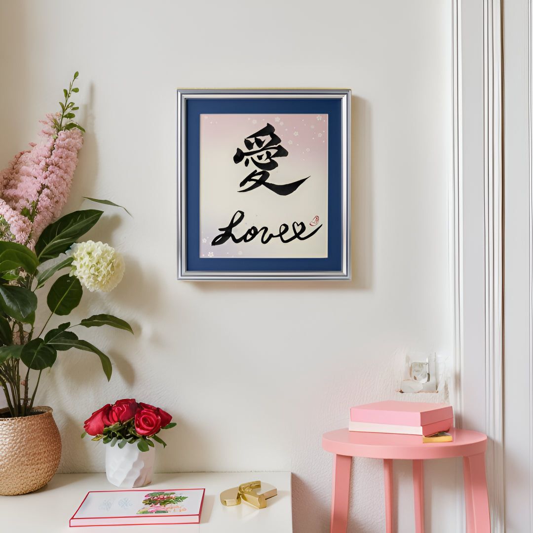 Ai "Love" in Japanese - Silver Frame with Blue Mat (Free Shipping)