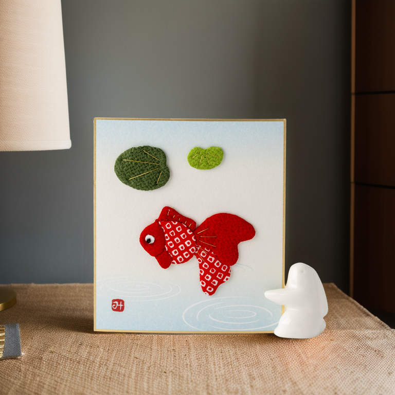 Playing Goldfish - Raised Cloth Artwork, Includes a Rabbit Stand