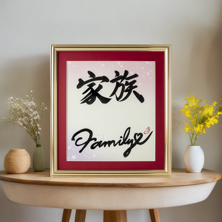 Kazoku "Family" in Japanese - Gold Frame with Red Mat (Free Shipping)